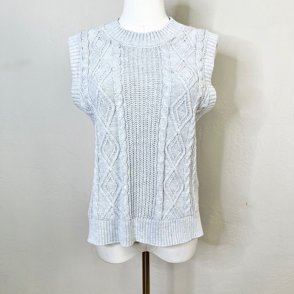 Joie Gray Cable Knit Sweater Vest Size Small Sleeveless Crew Neck Cotton Blend‎
